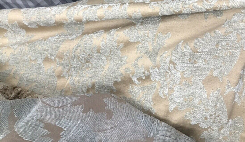 Lady Janet Designer Damask Burnout Chenille Velvet Fabric - Aqua-Gray Beige - Fancy Styles Fabric Pierre Frey Lee Jofa Brunschwig & Fils