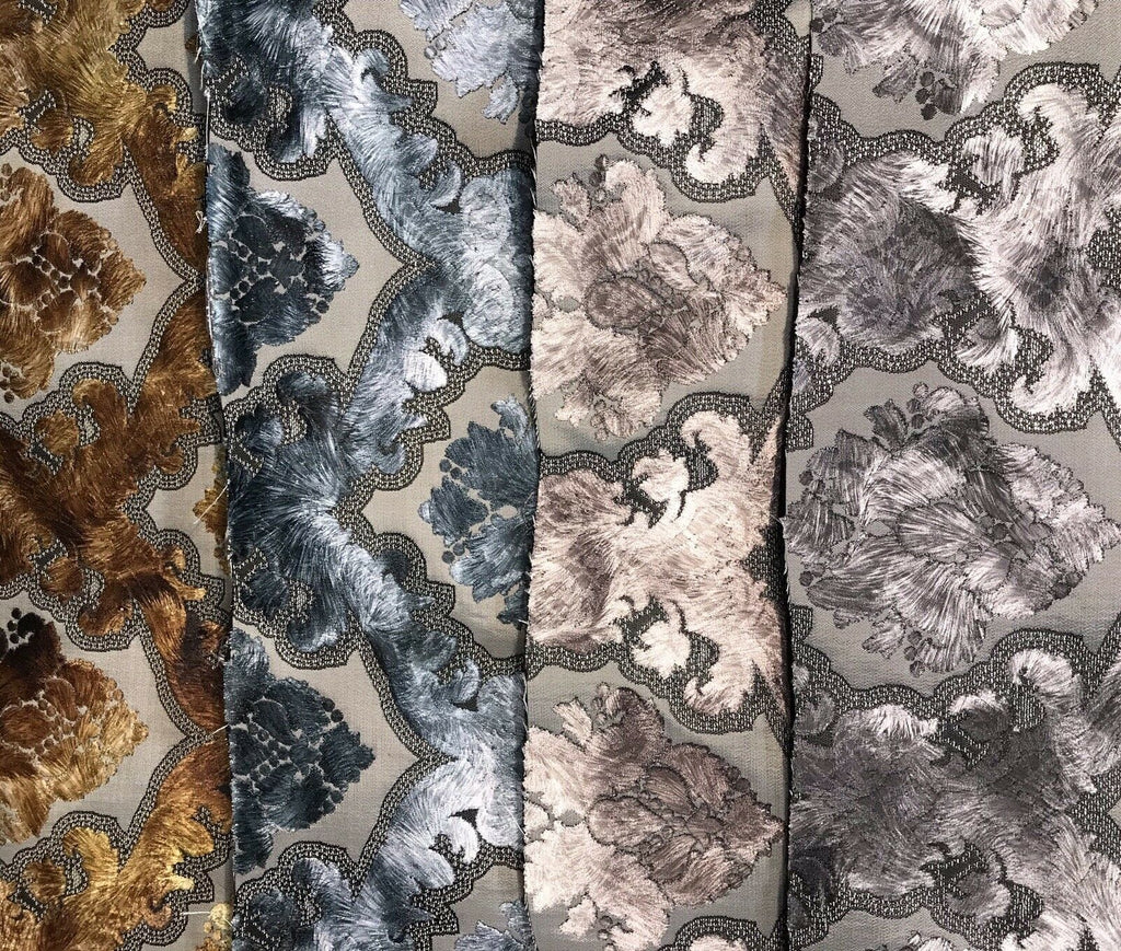 King Zachary Designer Italian Burnout Damask Chenille Velvet Fabric- Blue - Upholstery - Fancy Styles Fabric Pierre Frey Lee Jofa Brunschwig & Fils