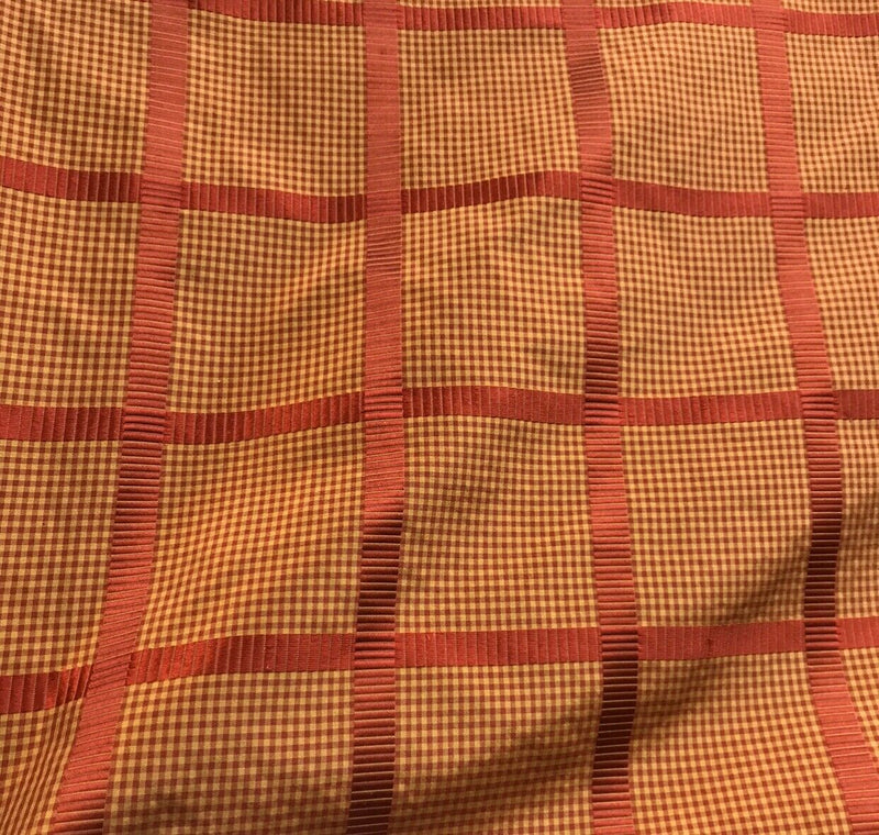NEW! Miss Jaqueline Designer 100% Silk Taffeta Gingham Ribbon Stripes Plaid Fabric -Red Gold - Fancy Styles Fabric Pierre Frey Lee Jofa Brunschwig & Fils