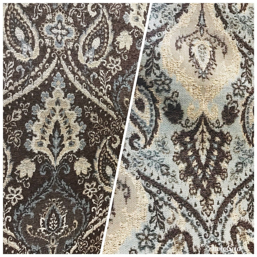 NEW Double Sided Burnout Kilim Rug Inspired Fabric- Blue Brown Upholstery - Fancy Styles Fabric Boutique