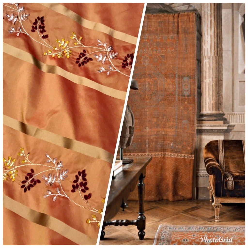NEW Lady Lana Designer 100% Silk Taffeta Floral Embroidery Fabric Orange Gold - Fancy Styles Fabric Pierre Frey Lee Jofa Brunschwig & Fils