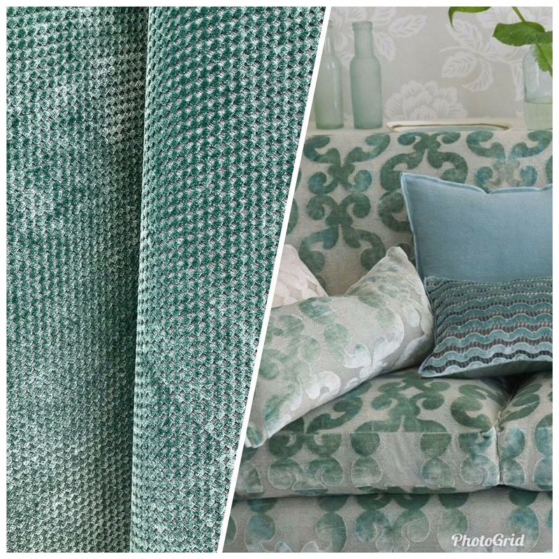 Linen Blue and Green Floral Velvet Upholstery Fabric by the Yard