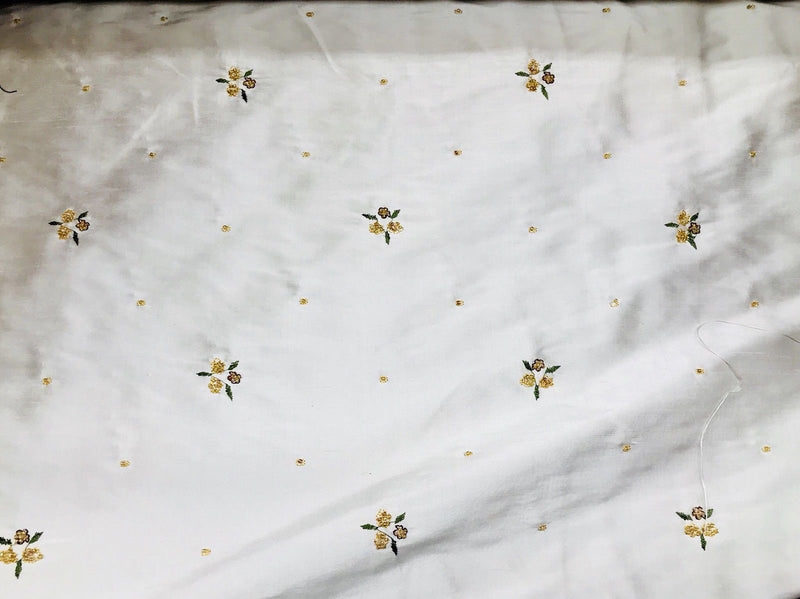 SALE! Beaded Floral 100% Silk Taffeta Fabric - Ivory W/ Yellow Beaded Flowers - Fancy Styles Fabric Boutique