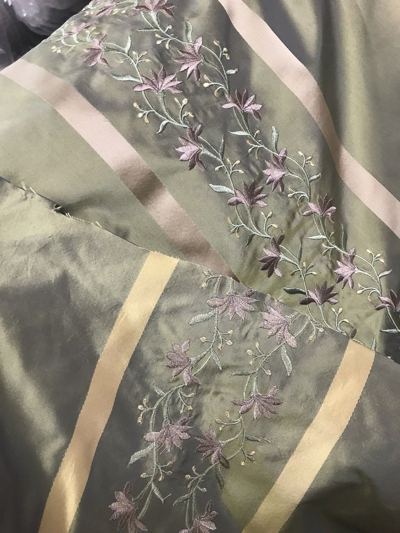 NEW! SALE! 100% Silk Taffeta Embroidered Fabric- Green With Lavender Floral - Fancy Styles Fabric Boutique