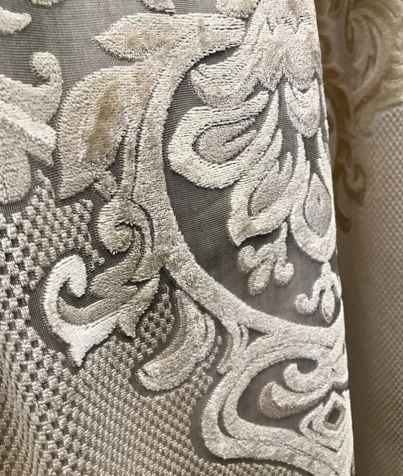 Queen Vanya 112” Wide Designer Sheer Burnout Velvet Lace Drapery Fabric-  Shell Pearl