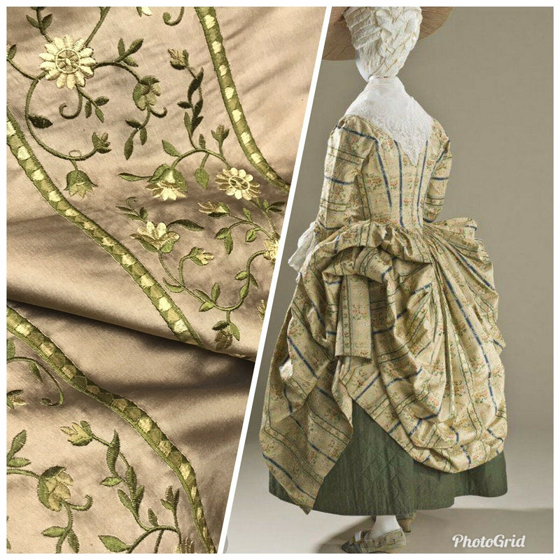 NEW! Lady Margot 100% Silk Dupioni Embroidered Floral Stripes Fabric- Khaki & Green | www.fancystylesfabric.com NEW! Lady Margot 100% Silk Dupioni Embroidered Floral Stripes Fabric- Khaki & Green | www.fancystylesfabric.com