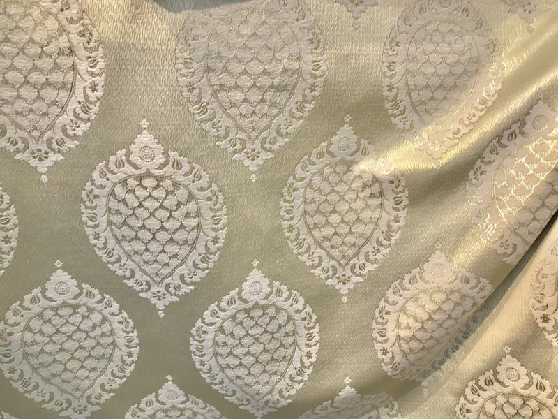 SWATCH Brocade Satin Fabric- Antique Cream And Gold Damask Decorating - Fancy Styles Fabric Pierre Frey Lee Jofa Brunschwig & Fils