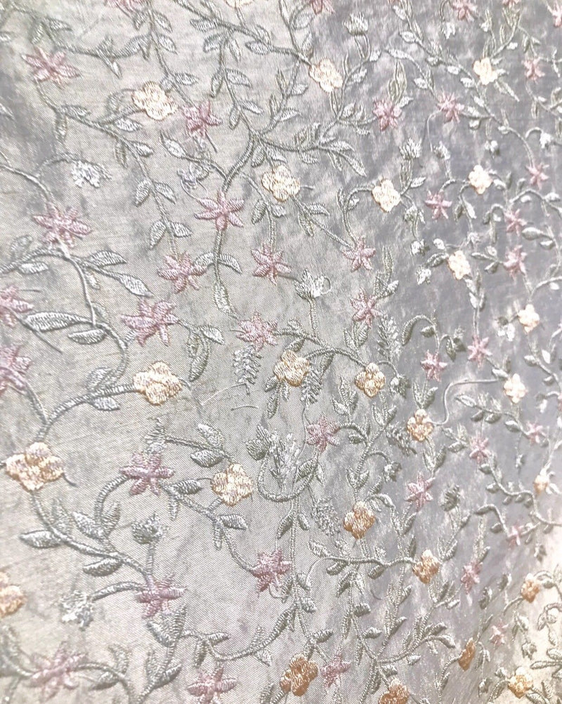SWATCH- 100% Silk Embroidered Taffeta Fabric - Floral Gray Pink Floral - Fancy Styles Fabric Boutique