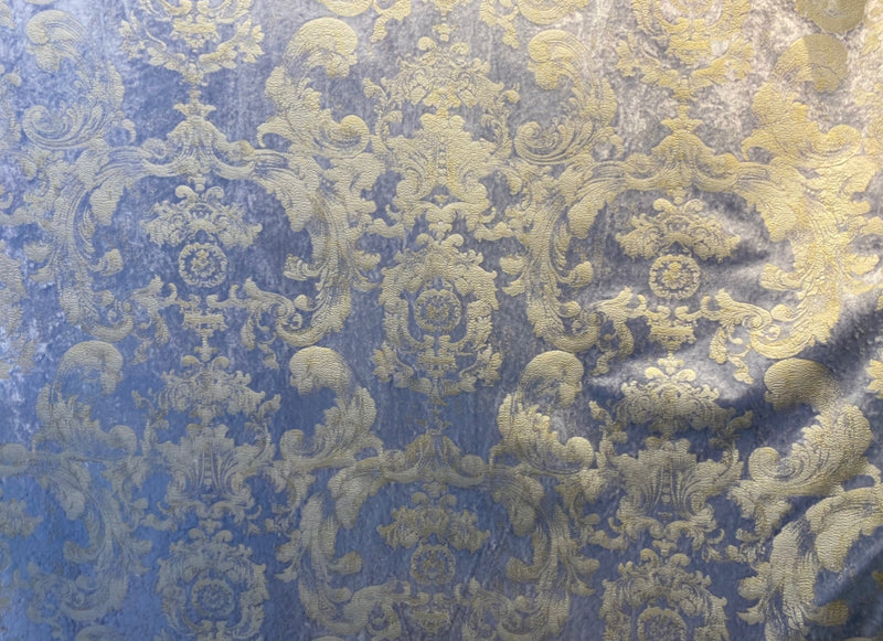 NEW! Queen Renee Designer Burnout Antique Inspired Velvet Fabric Eggshell Blue And Gold