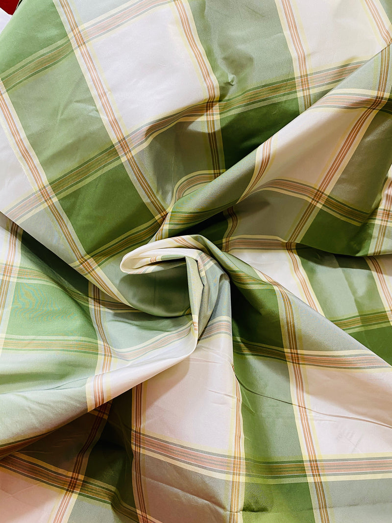 NEW Miss Dorothy Designer 100% Silk Taffeta Plaid Tartan Green & Cream Fabric - Fancy Styles Fabric Pierre Frey Lee Jofa Brunschwig & Fils