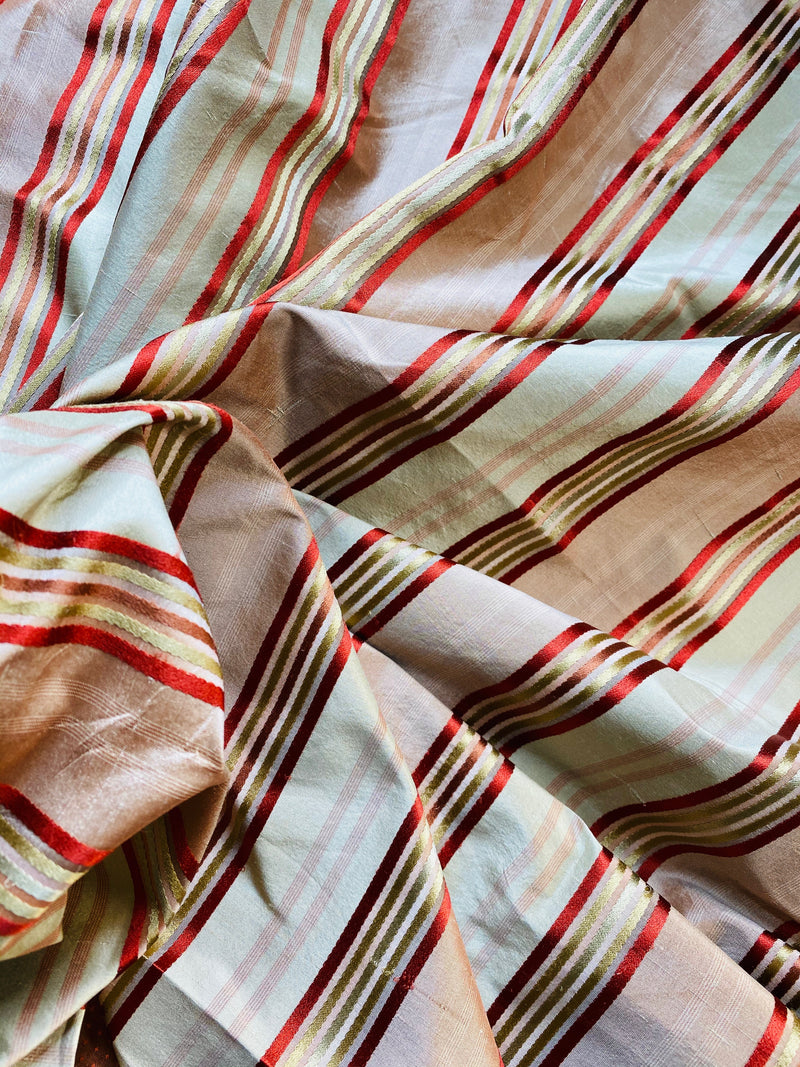 NEW Miss Charlotte Designer 100% Silk Dupioni Fabric with Red, Pink, Gold, & Copper Ribbon Stripes - Fancy Styles Fabric Pierre Frey Lee Jofa Brunschwig & Fils