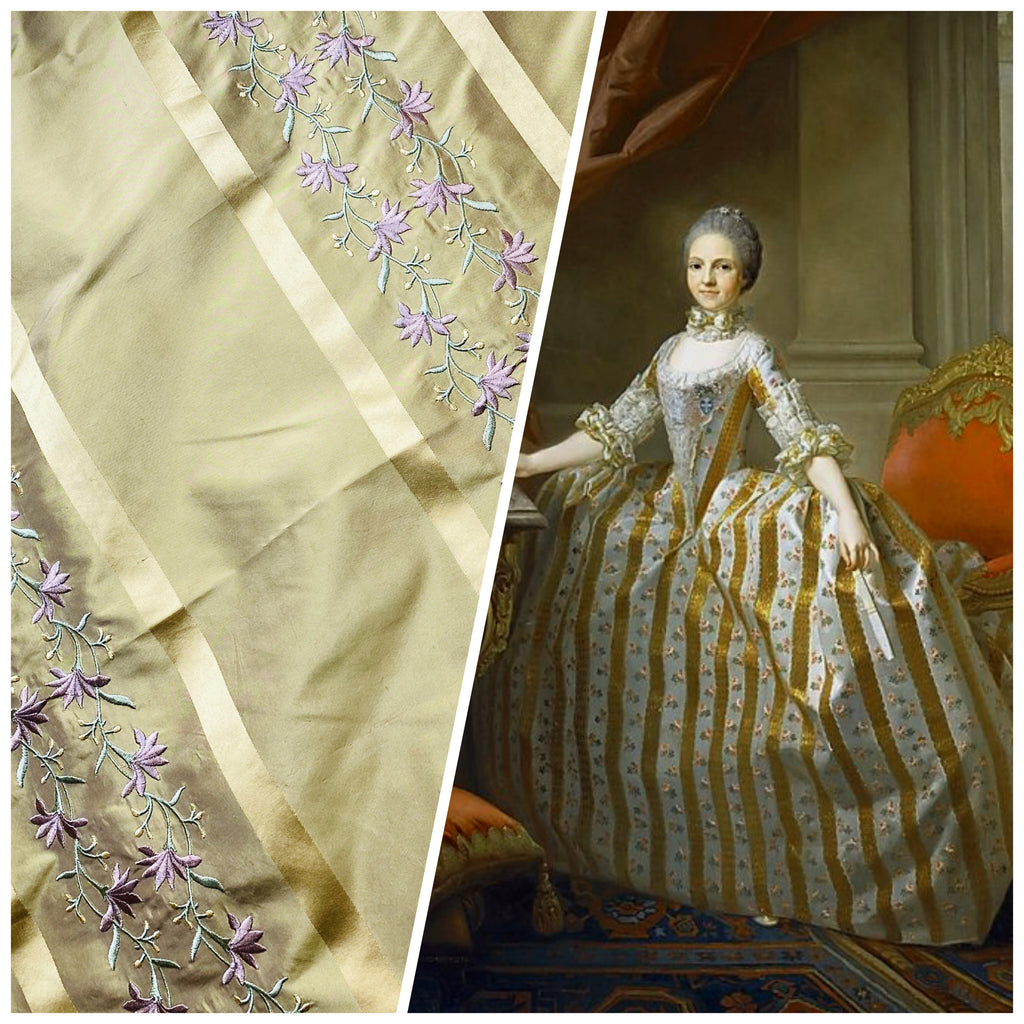 NEW Duchess Adele Designer 100% Silk Taffeta Ribbon Stripe Embroidered Floral Fabric in Gold and Lavender - Fancy Styles Fabric Pierre Frey Lee Jofa Brunschwig & Fils