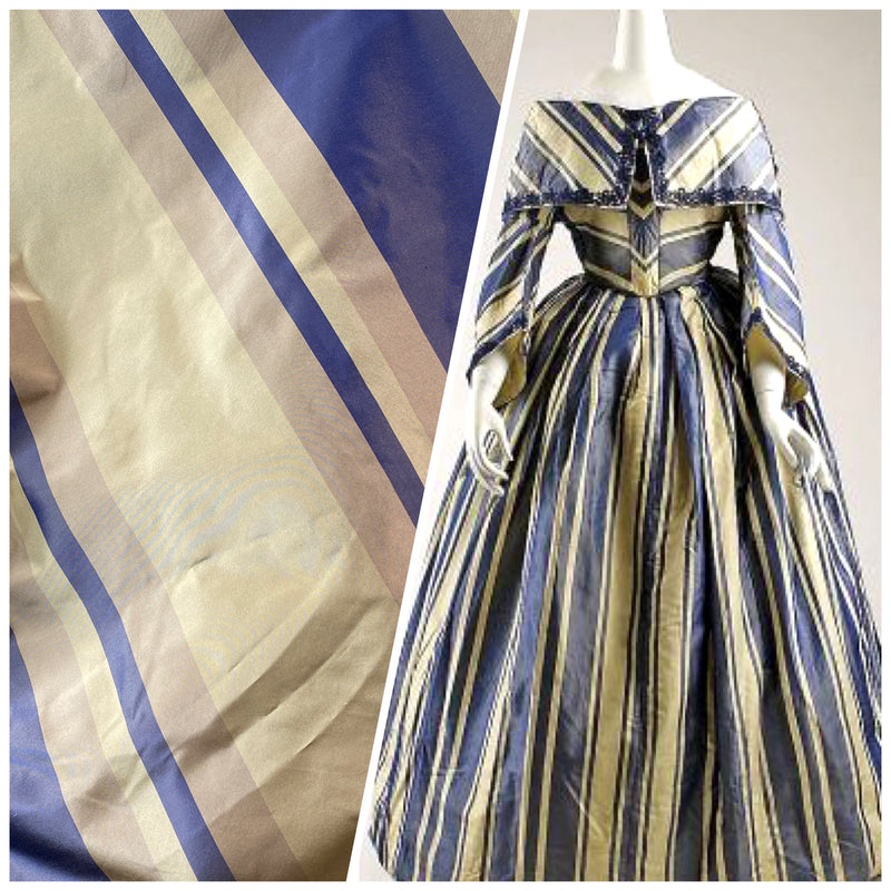 NEW Anabella's 100% Silk Taffeta Fabric with Periwinkle and Ecru Stripes