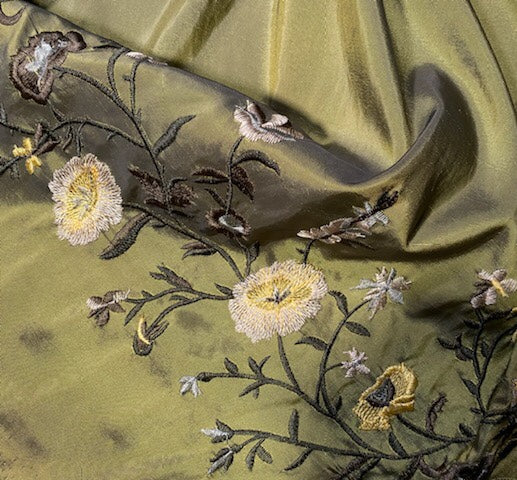 DEAL! Duchess Aurora Olive Green Iridescence Faux Silk Embroidered Fabric