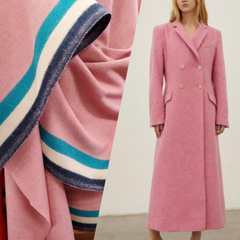 NEW Lady Poirot 100% Wool Made in Italy Coat Fabric Pink with Blue