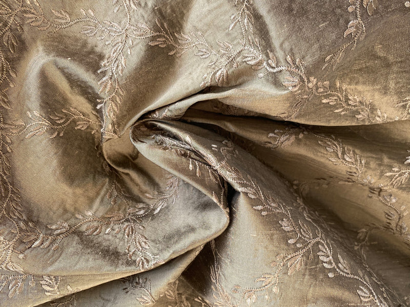 NEW Queen Delila 100% Silk Dupioni Fabric with Diamond Leaf Motif in Old Gold