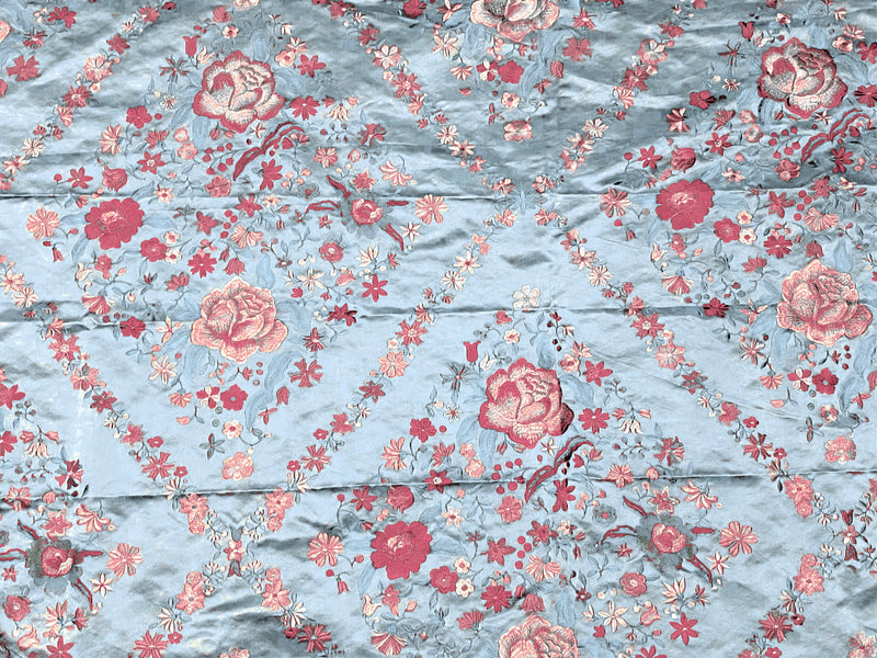 NEW! Custom-Order King Louis XIV Novelty 100% Silk Jacquard Embroidered Floral Upholstery Fabric- Duck Egg Blue and Rose