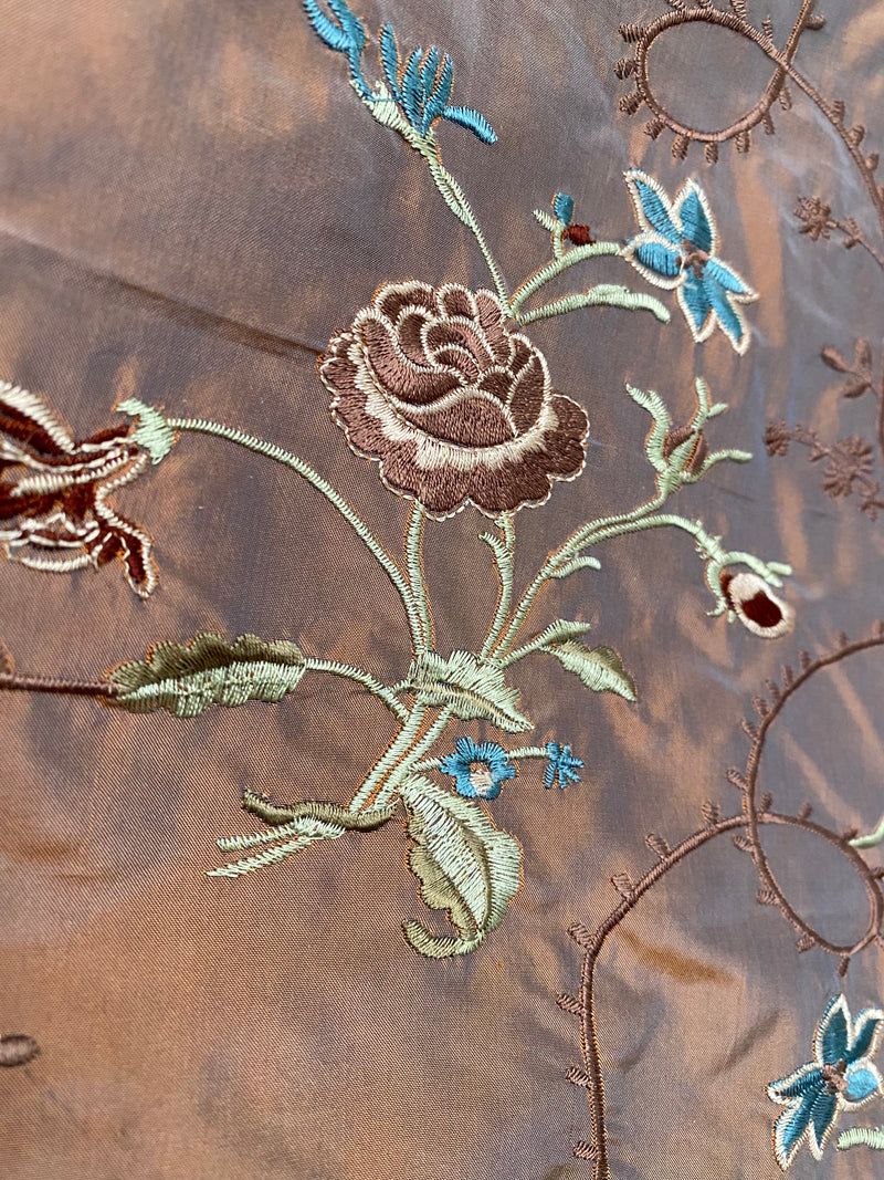NEW! Queen Dragonia Novelty 100% Silk Dupioni Embroidered Floral Fabric - Copper Blue Iridescence