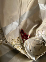 Lady Lana Designer 100% Silk Taffeta Embroidered Fabric- Grey Burgundy Stripe Floral