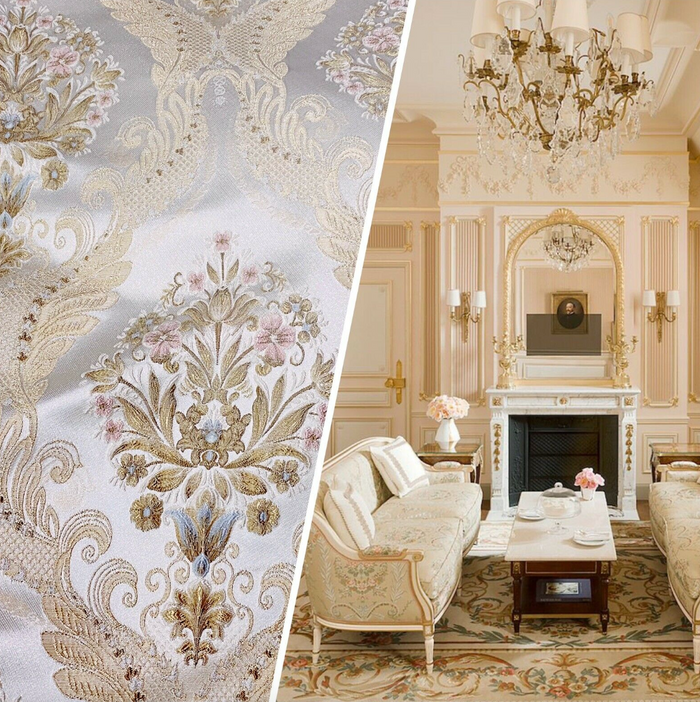 Queen Antionette Novelty Ritz Neoclassical Brocade Medallion Floral Satin Fabric - Ivory - Fancy Styles Fabric Pierre Frey Lee Jofa Brunschwig & Fils