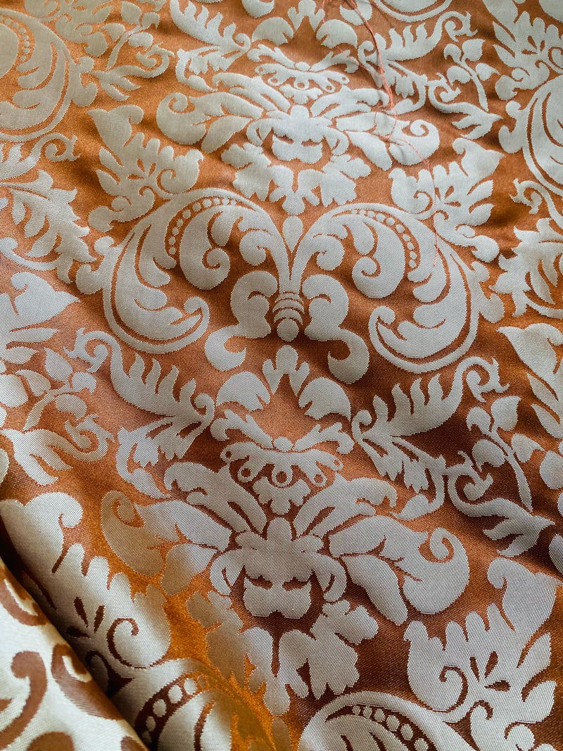 NEW Queen Lauper 100% Silk Jacquard Novelty Neoclassical Floral Damask Matte Satin Brick Red and Gold Jacquard Drapery Fabric