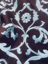 NEW! Duchess Dahlia Novelty Belgium Imported 100% Linen Embroidered Medallion Fabric Chocolate Brown and Light Blue - Fancy Styles Fabric Pierre Frey Lee Jofa Brunschwig & Fils