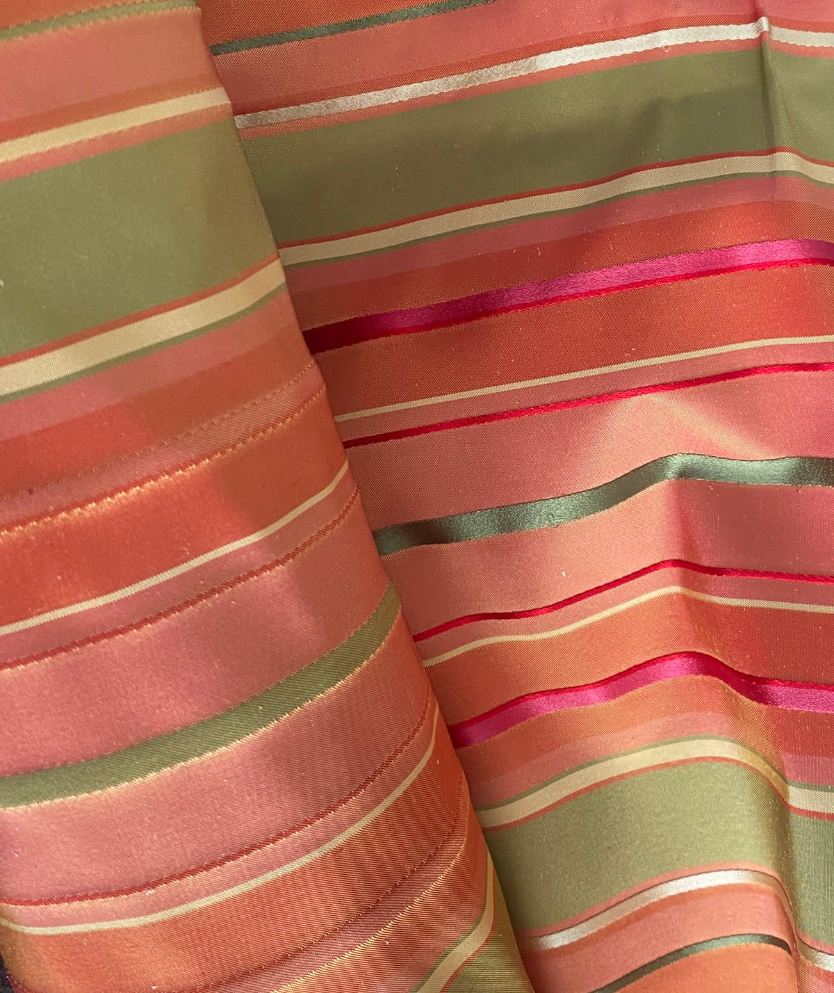 NEW Duchess Thalia 100% Silk Taffeta Ribbon Stripes Fabric - Salmon Pink & Green - Fancy Styles Fabric Pierre Frey Lee Jofa Brunschwig & Fils