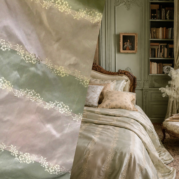 NEW Lady Kristen 100% Silk Taffeta with Embroidery Floral and Stripes Motif in Icy Pistachio Green and Champagne - Fancy Styles Fabric Pierre Frey Lee Jofa Brunschwig & Fils