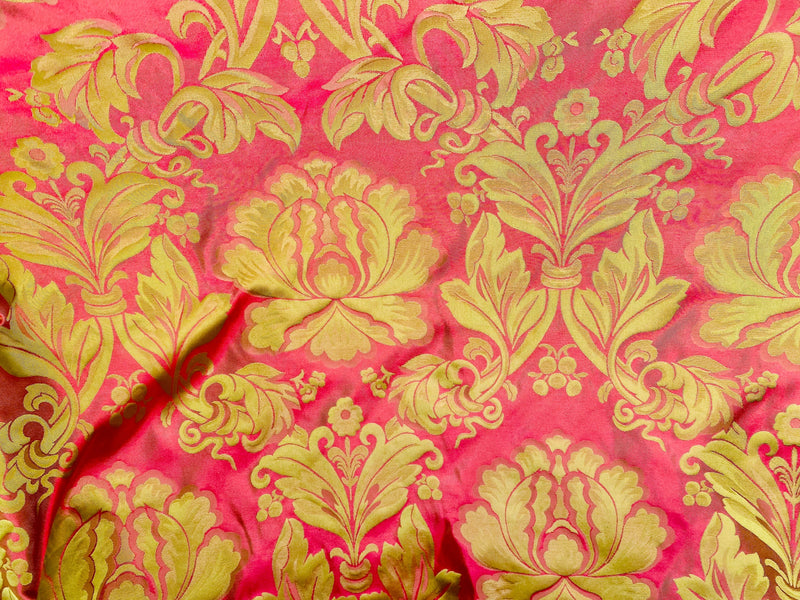 NEW SALE! Lord Mathis Designer 100% Silk Taffeta Damask Fabric - Tomato Red and Gold