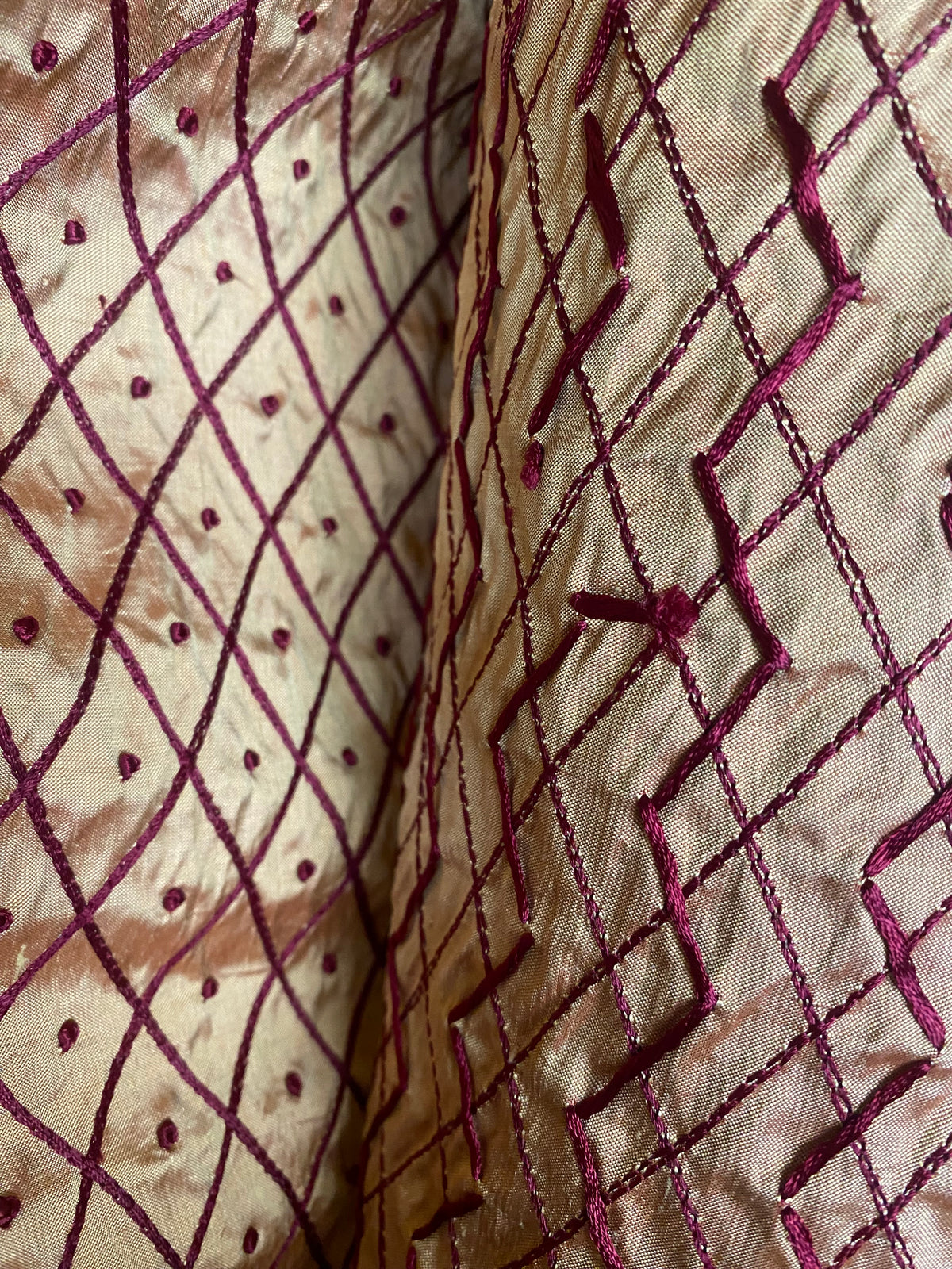NEW Duchess Dorta 100% Silk Dupioni Embroidered Diamond Dot Motif Cream White and Burgundy Red - Fancy Styles Fabric Pierre Frey Lee Jofa Brunschwig & Fils
