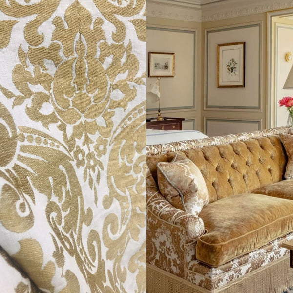 NEW! Duchess Dolly Novelty Belgium Embroidered Imported 100% Linen Medallion Fabric Gold - Fancy Styles Fabric Pierre Frey Lee Jofa Brunschwig & Fils