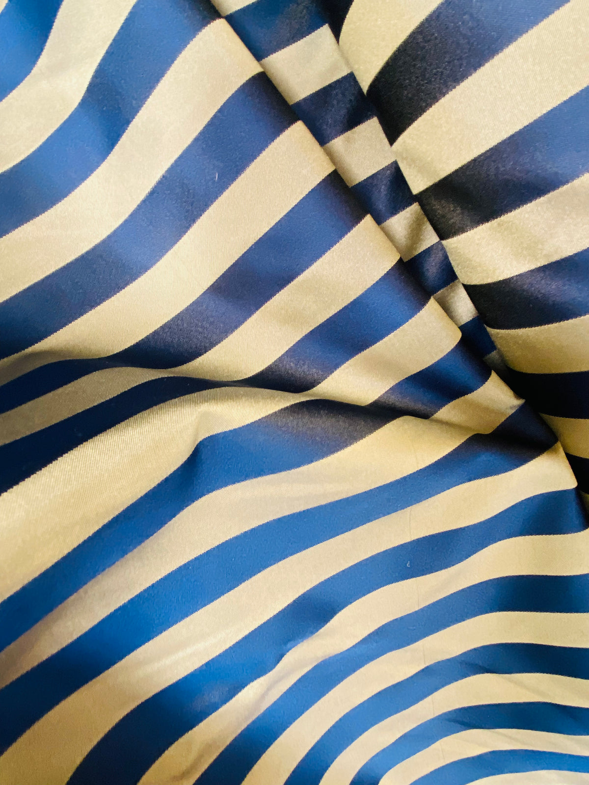 NEW! Prince Pendleton 100% Silk Taffeta Novelty Drapery Fabric in 1” Stripe- Blue and Gold - Fancy Styles Fabric Pierre Frey Lee Jofa Brunschwig & Fils