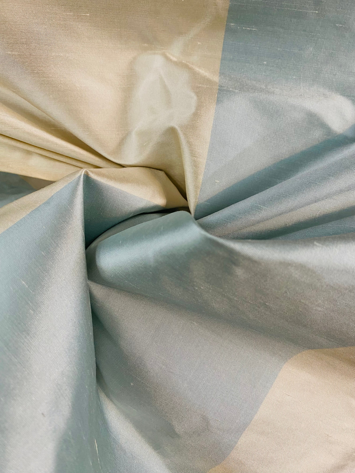 NEW: Miss Carol 100% Silk Dupioni Fabric - Cream and French Blue- 7” Stripes - Fancy Styles Fabric Pierre Frey Lee Jofa Brunschwig & Fils