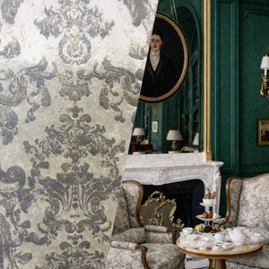 NEW! Queen Renee Antique Inspired Burnout Velvet Medallion Fabric - White W/ Silver & Gray - Fancy Styles Fabric Pierre Frey Lee Jofa Brunschwig & Fils