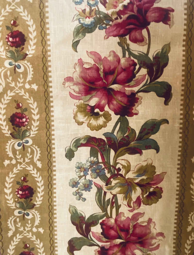 NEW! Princess Peppa Novelty 100% Linen Fabric Floral - Burgundy, Gold and Natural - Fancy Styles Fabric Pierre Frey Lee Jofa Brunschwig & Fils