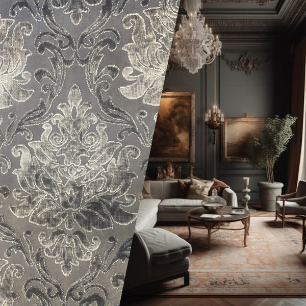 King Richardson Designer Medallion Damask Velvet Fabric Upholstery-Dark Grey - Fancy Styles Fabric Pierre Frey Lee Jofa Brunschwig & Fils