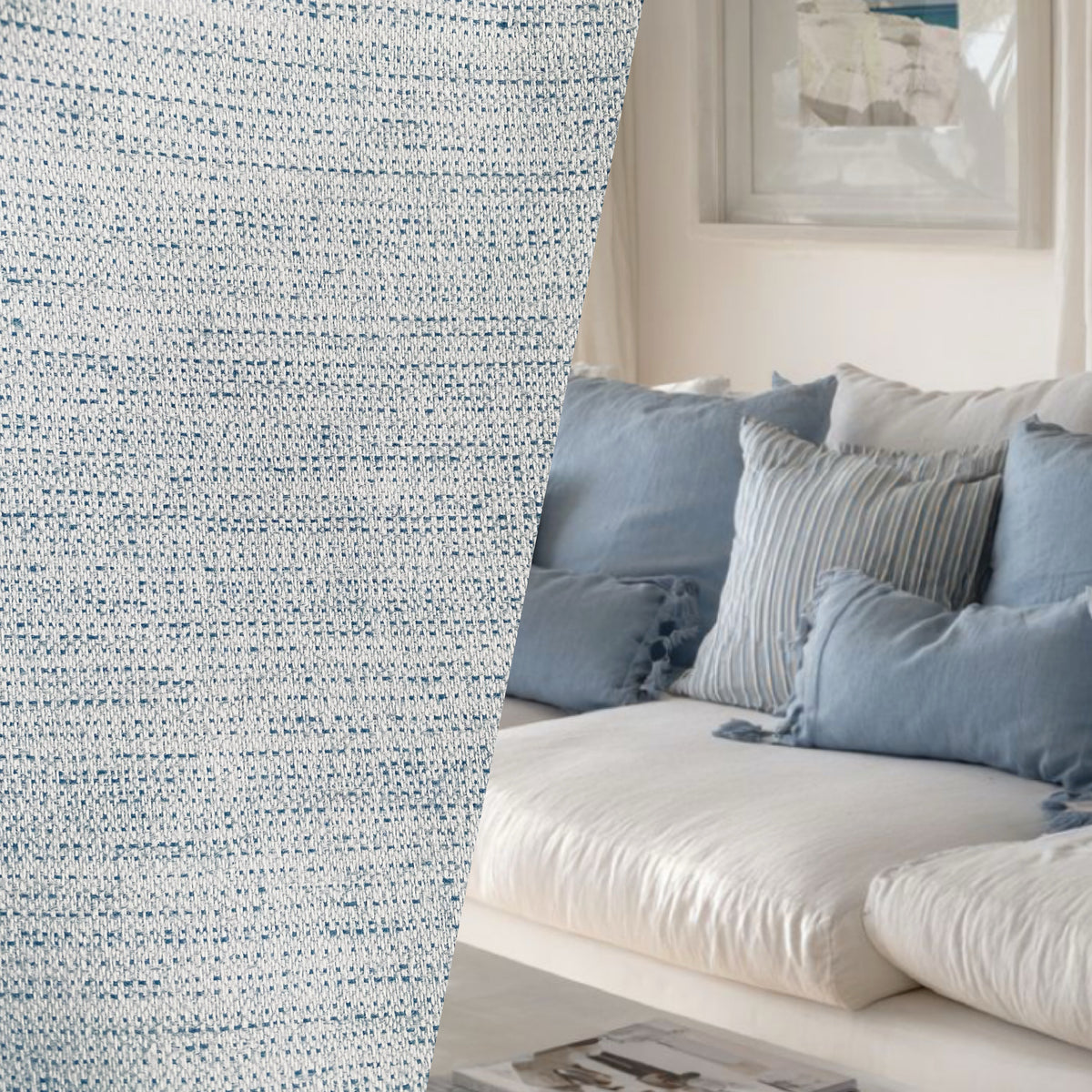 New! SUNBRELLA Light Blue White Melange Linen Inspired Waterproof Indoor Outdoor Upholstery Fabric - Fancy Styles Fabric Pierre Frey Lee Jofa Brunschwig & Fils