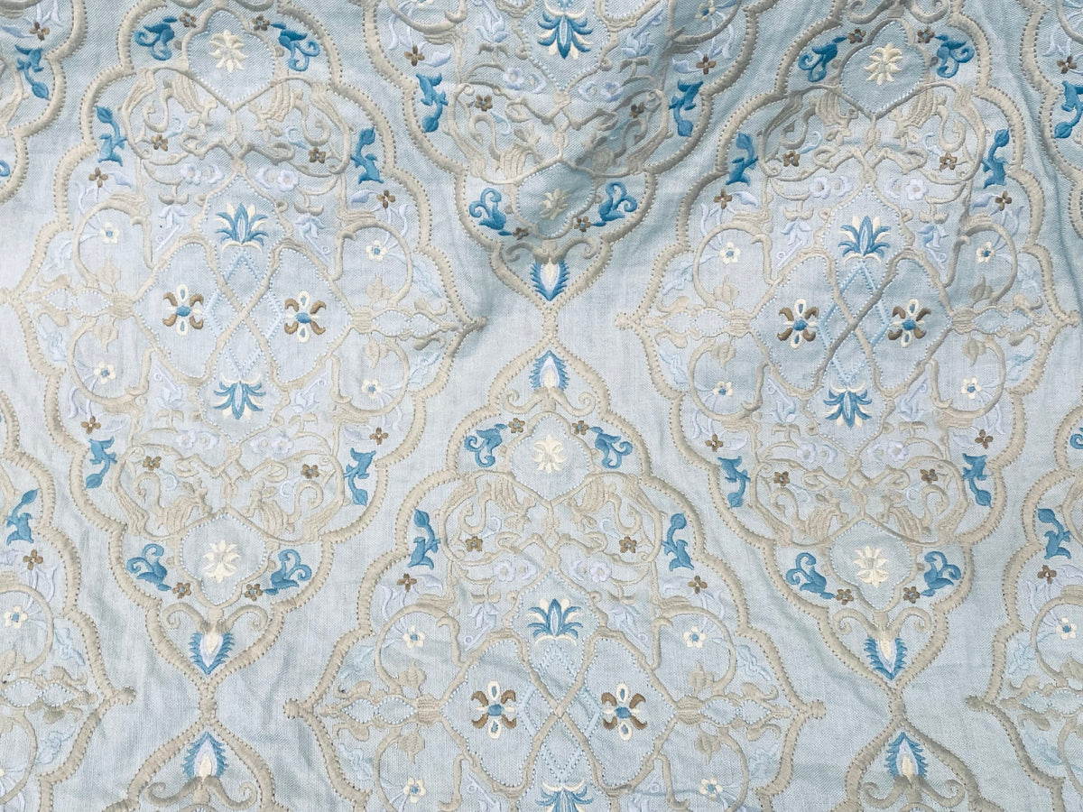 NEW! SALE! Scalamandre 100% Linen Medallion Embroidered Fabric Blue - Fancy Styles Fabric Pierre Frey Lee Jofa Brunschwig & Fils