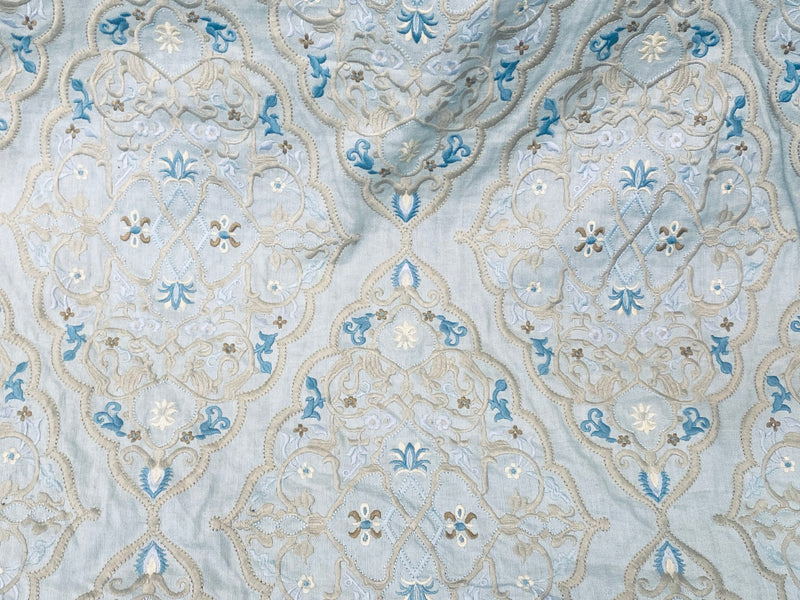 NEW! SALE! Scalamandre 100% Linen Medallion Embroidered Fabric Blue