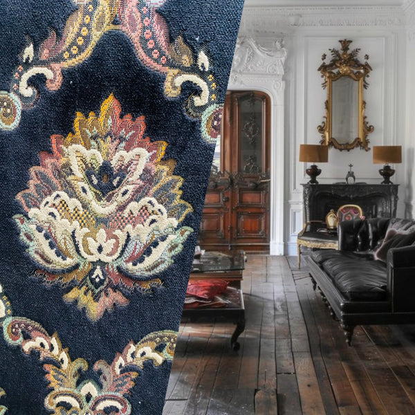 NEW! Duke Challace Designer Italian Burnout Medallion Chenille Velvet Upholstery Fabric - Black - Fancy Styles Fabric Pierre Frey Lee Jofa Brunschwig & Fils