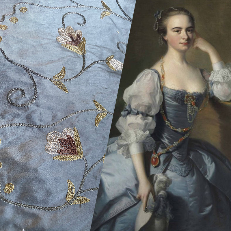 NEW Princess Primrose 100% Silk Dupioni Fabric With Crewel Floral Embroidery- Blue