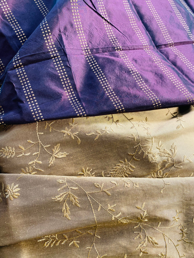App Sale: $17 Mystery Bundle Fabric 793- 20” x 55” Lady Aster Gold Embroidered Silk Dupioni + 23” x 55” Purple Silk Taffeta