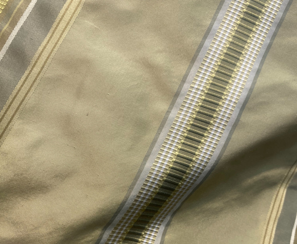 Queen Lattice 100% Silk Taffeta Ribbon Stripes Fabric - Pistachio Green and Gold - Fancy Styles Fabric Pierre Frey Lee Jofa Brunschwig & Fils