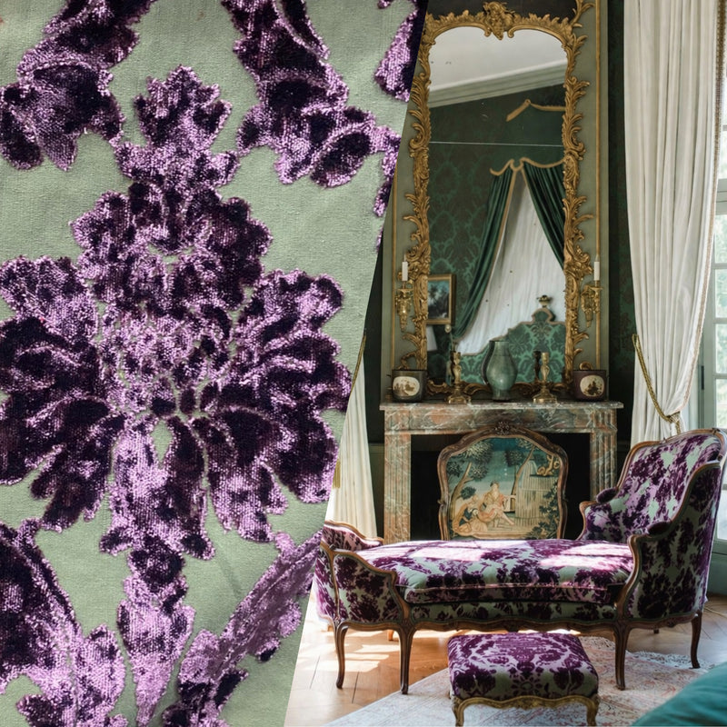 NEW! Prince Jasper - Designer Italian Venetian Burnout Damask Cut Velvet Purple Fabric Upholstery - Fancy Styles Fabric Pierre Frey Lee Jofa Brunschwig & Fils
