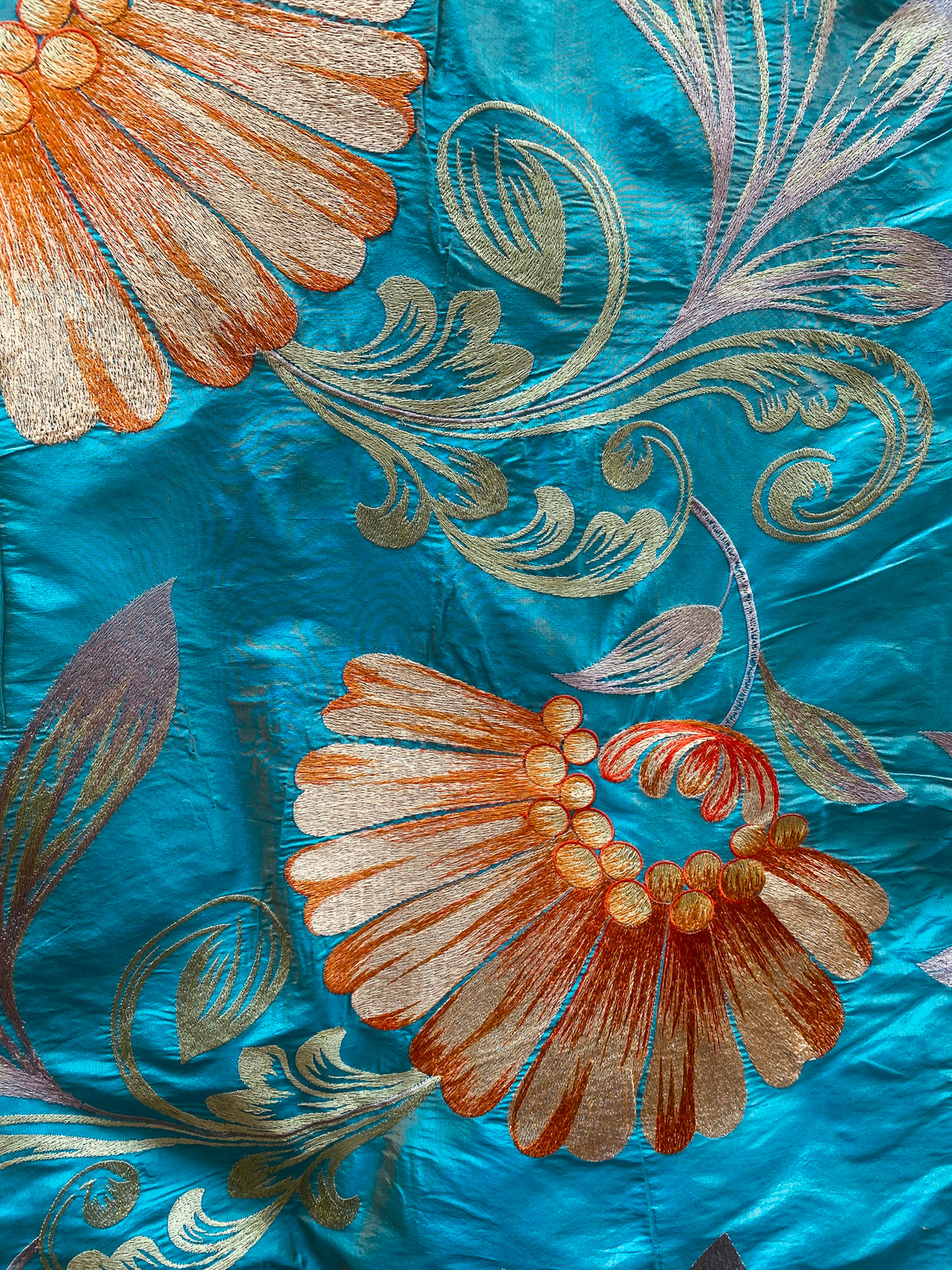 NEW Queen Monique Novelty Floral Embroidered 100% Silk Fabric in Turquoise - Fancy Styles Fabric Pierre Frey Lee Jofa Brunschwig & Fils