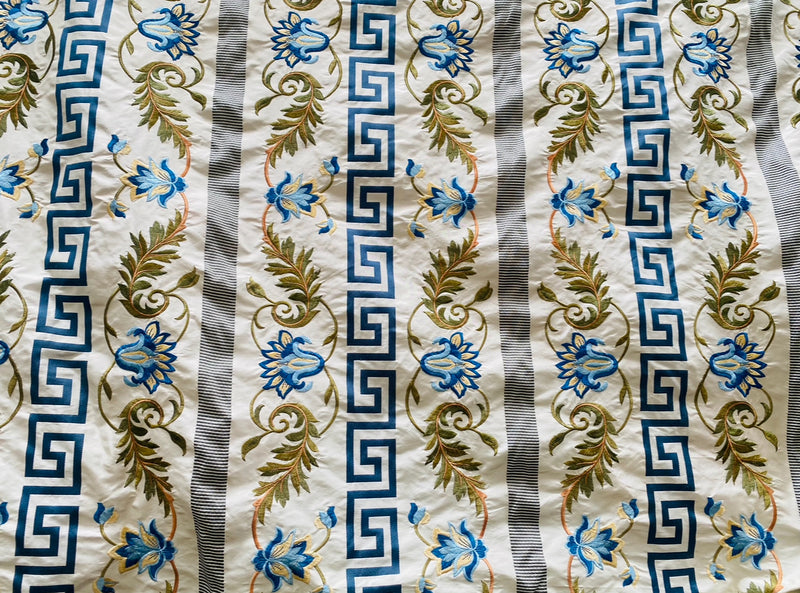 NEW Prince Greco Novelty Embroidered 100% Silk Taffeta Fabric Blue and White - Fancy Styles Fabric Pierre Frey Lee Jofa Brunschwig & Fils
