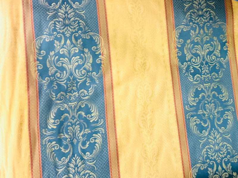 NEW! SALE! Duke Sebastia Designer Brocade Satin Fabric- French Blue Yellow Stripe- Drapery Upholstery