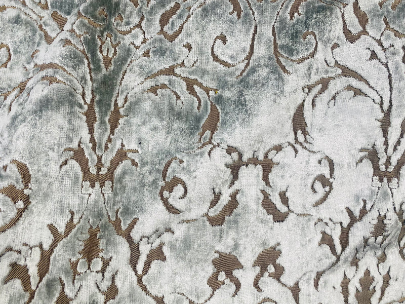 NEW! Duke Santori Designer Venetian Italian Burnout Medallion Chenille Silver-Blue Bronze Fabric Upholstery