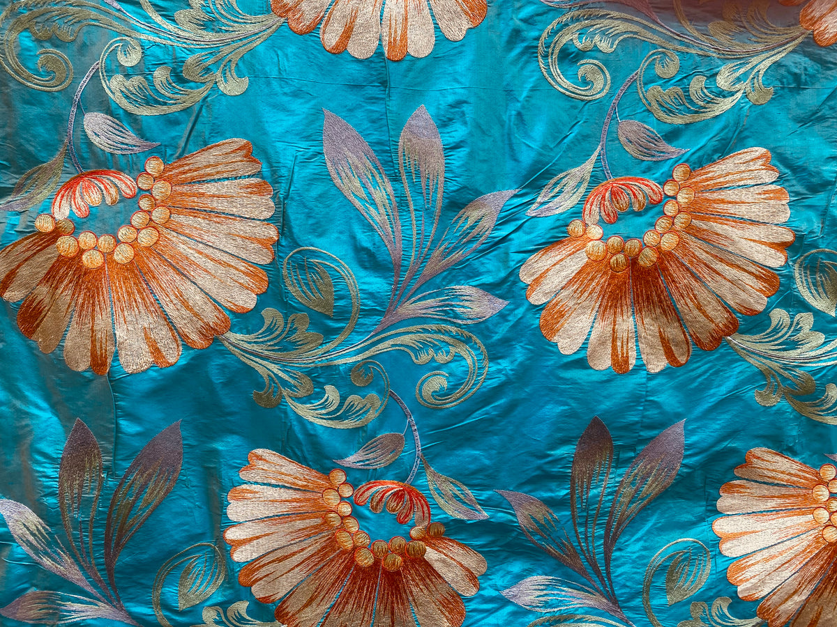 NEW Queen Monique Novelty Floral Embroidered 100% Silk Fabric in Turquoise - Fancy Styles Fabric Pierre Frey Lee Jofa Brunschwig & Fils