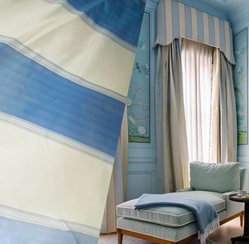 NEW! Prince Jeffry 100% Silk Taffeta Drapery Fabric in Stripes- Blue and White Cream